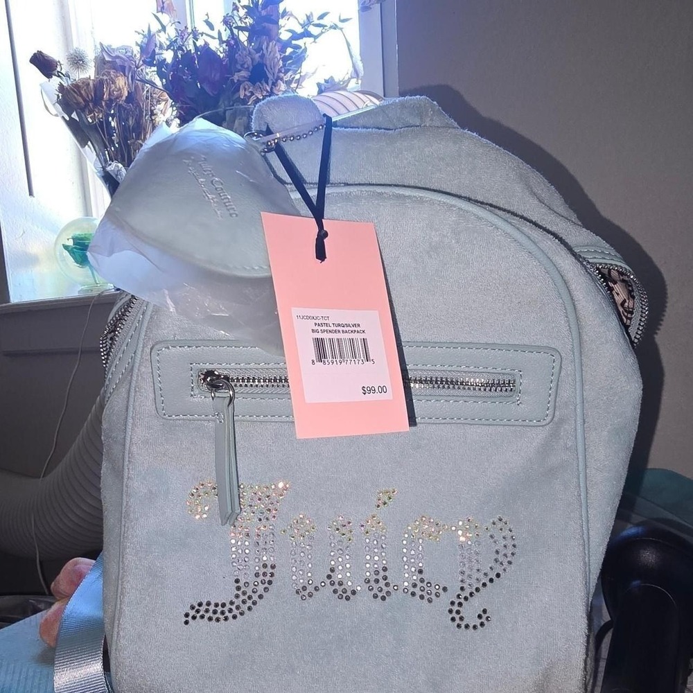 Juicy Couture Big Spender Backpack Pastel Turquoise Velour Rhinestone 11JCD0XJC